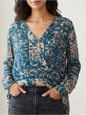 Maeve Anthropologie Teal Floral Mixed Print Surplice Blouse